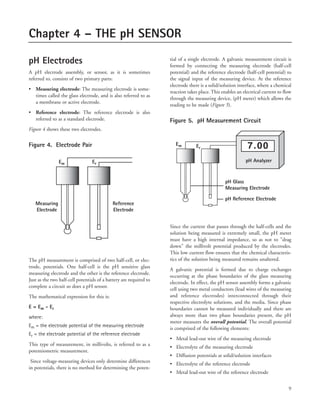 9
pH Electrodes
A pH electrode assembly, or sensor, as it is sometimes
referred to, consists of two primary parts:
• Measuring electrode: The measuring electrode is some-
times called the glass electrode, and is also referred to as
a membrane or active electrode.
• Reference electrode: The reference electrode is also
referred to as a standard electrode.
Figure 4 shows these two electrodes.
Figure 4. Electrode Pair
The pH measurement is comprised of two half-cell, or elec-
trode, potentials. One half-cell is the pH sensitive glass
measuring electrode and the other is the reference electrode.
Just as the two half-cell potentials of a battery are required to
complete a circuit so does a pH sensor.
The mathematical expression for this is:
E = Em - Er
where:
Em = the electrode potential of the measuring electrode
Er = the electrode potential of the reference electrode
This type of measurement, in millivolts, is referred to as a
potentiometric measurement.
Since voltage-measuring devices only determine differences
in potentials, there is no method for determining the poten-
tial of a single electrode. A galvanic measurement circuit is
formed by connecting the measuring electrode (half-cell
potential) and the reference electrode (half-cell potential) to
the signal input of the measuring device. At the reference
electrode there is a solid/solution interface, where a chemical
reaction takes place. This enables an electrical current to flow
through the measuring device, (pH meter) which allows the
reading to be made (Figure 5).
Figure 5. pH Measurement Circuit
Since the current that passes through the half-cells and the
solution being measured is extremely small, the pH meter
must have a high internal impedance, so as not to "drag
down" the millivolt potential produced by the electrodes.
This low current flow ensures that the chemical characteris-
tics of the solution being measured remains unaltered.
A galvanic potential is formed due to charge exchanges
occurring at the phase boundaries of the glass measuring
electrode. In effect, the pH sensor assembly forms a galvanic
cell using two metal conductors (lead wires of the measuring
and reference electrodes) interconnected through their
respective electrolyte solutions, and the media. Since phase
boundaries cannot be measured individually and there are
always more than two phase boundaries present, the pH
meter measures the overall potential. The overall potential
is comprised of the following elements:
• Metal lead-out wire of the measuring electrode
• Electrolyte of the measuring electrode
• Diffusion potentials at solid/solution interfaces
• Electrolyte of the reference electrode
• Metal lead-out wire of the reference electrode
Chapter 4 – THE pH SENSOR
Em Er
Measuring
Electrode
Reference
Electrode
Em Er
pH Reference Electrode
pH Analyzer
pH Glass
Measuring Electrode
 