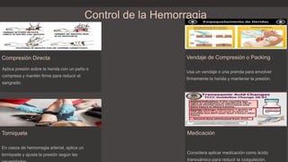 Control de la Hemorragia
Compresión Directa
Aplica presión sobre la herida con un paño o
compresa y mantén firme para reducir el
sangrado.
Vendaje de Compresión o Packing
Usa un vendaje o una prenda para envolver
firmemente la herida y mantener la presión.
Torniquete
En casos de hemorragia arterial, aplica un
torniquete y ajusta la presión según las
Medicación
Considera aplicar medicación como ácido
tranexámico para reducir la coagulación.
 