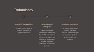 Tratamiento
1
Limpieza de la Herida
Limpia a fondo la zona de
la herida para evitar el
riesgo de infección.
2
Aplicación del
Torniquete
Coloca el torniquete
directamente por encima
de la herida y apriétalo lo
suficiente como para que
se detenga el sangrado.
Ajusta el torniquete
conforme la evolución del
paciente.
3
Mantenerlo Ajustado
No sueltes el torniquete
una vez que se ha
aplicado. Permanece junto
al paciente y ajusta la
presión según sea
necesario.
 