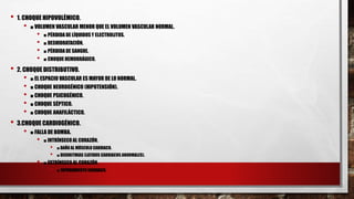 • 1. CHOQUE HIPOVOLÉMICO.
• ■ VOLUMEN VASCULAR MENOR QUE EL VOLUMEN VASCULAR NORMAL.
• ■ PÉRDIDA DE LÍQUIDOSY ELECTROLITOS.
• ■ DESHIDRATACIÓN.
• ■ PÉRDIDA DE SANGRE.
• ■ CHOQUE HEMORRÁGICO.
• 2. CHOQUE DISTRIBUTIVO.
• ■ EL ESPACIO VASCULAR ES MAYOR DE LO NORMAL.
• ■ CHOQUE NEUROGÉNICO (HIPOTENSIÓN).
• ■ CHOQUE PSICOGÉNICO.
• ■ CHOQUE SÉPTICO.
• ■ CHOQUE ANAFILÁCTICO.
• 3.CHOQUE CARDIOGÉNICO.
• ■ FALLA DE BOMBA.
• ■ INTRÍNSECO AL CORAZÓN.
• ■ DAÑO AL MÚSCULO CARDIACO.
• ■ DISRRITMIAS (LATIDOS CARDIACOS ANORMALES).
• ■ EXTRÍNSECA AL CORAZÓN.
• ■ TAPONAMIENTO CARDIACO.
 