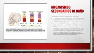 MECANISMOS
SECUNDARIOS DE DAÑO
LOS MECANISMOS SECUNDARIOS DE DAÑO INCLUYEN LOS SIGUIENTES:
• 1. COMPRESIÓN DEL CEREBRO POR SANGRADO E INFLAMACIÓN QUE ELEVA LA
PIC Y DESPLAZAMIENTO MECÁNICO DEL CEREBRO QUE PUEDE CAUSAR QUE
ÉSTE SEA EMPUJADO A TRAVÉS DEL AGUJERO MAGNO (HERNIACIÓN) CON
MORBILIDAD Y MORTALIDAD SIGNIFICATIVAS SI NO SE ATIENDE A TIEMPO.
• 2. HIPOXIA, QUE SE DA POR UN INADECUADO APORTE DE OXÍGENO AL CEREBRO
DAÑADO PROVOCADO POR FALLO VENTILATORIO O CIRCULATORIO O EFECTO
DE MASA.
• 3. HIPOTENSIÓN Y FLUJO SANGUÍNEO CEREBRAL (FSC) INADE- CUADO, QUE
PUEDE CAUSAR UN INADECUADO APORTE DE OXÍ- GENO AL CEREBRO. UN BAJO
FSC TAMBIÉN REDUCE EL APORTE DE GLUCOSA AL CEREBRO LESIONADO.
• 4. MECANISMOS CELULARES QUE INCLUYEN LAS CASCADAS DE FALLO
ENERGÉTICO, INFLAMACIÓN Y “SUICIDIO”, QUE PUEDEN SER DESENCADENADAS
A NIVEL CELULAR Y PUEDEN CONDUCIR A MUERTE CELULAR.
 