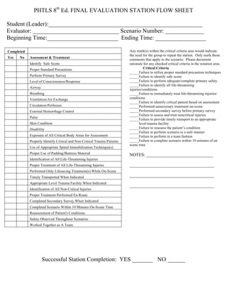 PHTLS 8th
Ed. FINAL EVALUATION STATION FLOW SHEET
Student (Leader):____________________________________________________
Evaluator: _____________________________ Scenario Number: _____________
Beginning Time:________________________ Ending Time: _________________
Successful Station Completion: YES _______ NO ______
Completed
Yes No Assessment & Treatment
Identify Safe Scene
Proper Standard Precautions
Perform Primary Survey
Level of Consciousness/Response
Airway
Breathing
Ventilation/Air Exchange
Circulation/Perfusion
External Hemorrhage Control
Pulse
Skin Condition
Disability
Exposure of All Critical Body Areas for Assessment
Properly Identify Critical and Non-Critical Trauma Patients
Use of Appropriate Spinal Immobilization Technique(s)
Proper Use of Padding/Buttress Material
Identification of All Life-Threatening Injuries
Proper Treatment of All Life-Threatening Injuries
Performed Only Lifesaving Treatment(s) While On-Scene
Timely Transported When Indicated
Appropriate Level Trauma Facility When Indicated
Identification of All Non-Critical Injuries
Proper Treatment Performed En-Route
Completed Secondary Survey When Indicated
Completed Scenario Within 10 Minutes On-Scene Time
Reassessment of Patient's Conditions
Safety Observed Throughout Scenarios
Worked Together as A Team
Any mark(s) within the critical criteria area would indicate
the need for the group to repeat the station. Only mark those
comments that apply to the scenario. Please document
rationale for any checked critical criteria in the notation area.
Critical Criteria
_____Failure to utilize proper standard precaution techniques
_____Failure to identify safe scene
_____Failure to perform adequate/complete primary safety
_____Failure to identify all life-threatening
injuries/conditions
_____Failure to immediately treat life-threatening injuries/
conditions
_____Failure to identify critical patient based on assessment
_____Performed unnecessary treatment on-scene
_____Performed secondary survey before primary survey
_____Failure to assess and treat noncritical injuries
_____Failure to provide timely transport to an appropriate
level trauma facility
_____Failure to reassess the patient’s condition
_____Failure to perform scenario in a safe manner
_____Failure to perform in a team fashion
_____Failure to complete scenario within 10 minutes of on
scene time
NOTES: ______________________________
______________________________________
______________________________________
______________________________________
 