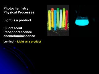 Photochemistry
Physical Processes
Light is a product
Fluorescent
Phosphorescence
chemoluminiscence
Luminol – Light as a product
 