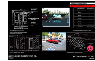 PHYSICALLY HANDICAPPED-4

                                                                      GENERAL REQUIREMENT FOR PARKING

                                                                                    TOTAL PARKING SPACE IN   REQD’ HANDICAPPED
                                                                            S.NO.   LOT                      PARKING SPACES

                                                                             1.       1 TO 25                     1

                                                                             2.       26 TO 50                    2

                                                                             3.       51 TO 75                    3

                                                                             4.       76 TO 100                   4

                                                                             5.       101 TO 150                  5

                                                                             6.       151 TO 200                  6

                                                                             7.       201 TO 300                  7

                                                                             8.       301 TO 400                  8

                                                                             9.       401 TO 500                  9

                                                                             10.      501 TO 1,000           2 PERCENT OF TOTAL

                                                                             11.      1001 AND OVER          20 PLUS 1 FOR EACH
                                                                                                             100 OVER 1,000.




                                                                          REQUIRED ACCESSIBLE PARKING STALLS
  SINGLE PARKING SPACE DESIGN
  SOURCE-CALDAG, CALIFORNIA DISABLED
  ACCESSIBILITY GUIDE BOOK




  DOUBLE PARKING SPACE DESIGN                                  PARKING SPACE-DOUBLE DIAGONAL



CLIENTS: GREEN MAX ESTATE PVT. LTD.                                      ARCOP ASSOCIATES PVT. LTD.
PROJECT: IVY EXTENSION NEW TOWER (BLOCK-G),GURGAON,INDIA
                                                           1                                                  12 JAN,2009
 