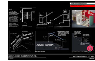 PHYSICALLY HANDICAPPED-1

                                                                                                    STAIRCASE AND RAILING


NOTES:

1. X IS THE 12inc.
MINIMUM HANDRAIL
 EXTENSION REQUIRED
AT EACH TOP RISER.

2. Y IS THE MINIMUM
HANDRAIL EXTENSION
OF 12 in. PLUS THE
WIDTH OF ONE TREAD
THAT IS REQUIRED @
EACH BOTTOM RISER.

SOURCE-ADAAG
(AMERICAN WITH DISABILITIES
ACT (ADA)
ACCESSIBILITY GUIDELINES FOR
BUILDINGS AND FACILITIES.)

                               PLAN      EXTENSION AT BOTTOM OF RUN       EXTENSION AT TOP OF RUN




CLIENTS: GREEN MAX ESTATE PVT. LTD.                                                                    ARCOP ASSOCIATES PVT. LTD.
PROJECT: IVY EXTENSION NEW TOWER (BLOCK-G),GURGAON,INDIA
                                                                      1                                                        17 JAN,2009
 