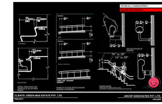 PHYSICALLY HANDICAPPED-1

                                                                                                           RAILING AND HANDRAIL




                                       CURB




   FLUSH RISER



                                                                                                                    SIZE AND SPACING OF
                                                                                                                    HANDRAIL




                                       VERTICAL GUARD RAIL




  ANGLED NOSING



  USABLE TREAD WIDTH AND                                               SOURCE-ADAAG
                                     EXAMPLES OF EDGE PROTECTION AND   (AMERICAN WITH DISABILITIES ACT (ADA)
  EXAMPLES OF ACCEPTABLE                                               ACCESSIBILITY GUIDELINES FOR BUILDINGS AND FACILITIES.)
                                     HANDRAIL EXTENSIONS
  NOSING


CLIENTS: GREEN MAX ESTATE PVT. LTD.                                                                              ARCOP ASSOCIATES PVT. LTD.
PROJECT: IVY EXTENSION NEW TOWER (BLOCK-G),GURGAON,INDIA
                                                              1                                                                           18 JAN,2009
 
