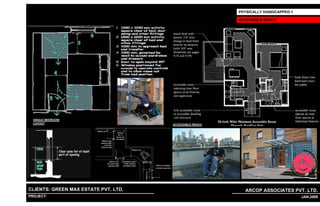 PHYSICALLY HANDICAPPED-1

                                                                                  ACCESSIBLE REACH




  SINGLE BEDROOM
  SINGLE BEDROOM
  LAYOUT
  LAYOUT                                                       ACCESSIBLE REACH
                                                               ACCESSIBLE REACH




CLIENTS: GREEN MAX ESTATE PVT. LTD.                                                 ARCOP ASSOCIATES PVT. LTD.
PROJECT: IVY EXTENSION NEW TOWER (BLOCK-G),GURGAON,INDIA
                                                           1                                                 27 JAN,2009
 