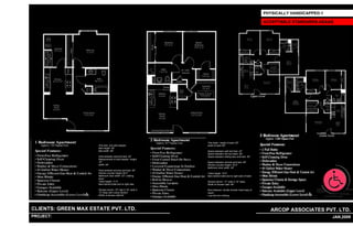 PHYSICALLY HANDICAPPED-1

                                                                                                                       ACCEPTABLE STANDARDS-ADAAG




                                                                      Two beds:- height of each 26"
                           One bed, one sofa sleeper                  width of each 60"
                           Bed height- 26"
                           Bed width- 60"                             Space between wall and bed- 22"
                                                                      Space between the two beds- 39"
                           Area between wall and bed- 24"             Space between sliding door and bed- 39"
                           Measurement of sofa sleeper- height
                           18"                                        Space between armoire and bed- 46"
                           width- 60"                                 Kitchen counter height- 35.5"
                                                                      Bathroom door width- 34"
                           Area between armoire and bed- 50"
                           Kitchen counter height-35.5"               Toilet height- 19.5"
                           Bathroom door width- 33" ( sliding         Bars behind toilet and to right side of toilet
                           door)
                           Toilet height- 17.5"                       Shower bench- 17" wide X 16" deep
                           Bars behind toilet and to right side       Width of shower stall- 59"

                           Shower bench- 18" high X 32" wide X        Nice features- double shower head easy to
                           13" deep with cutout section               reach
                           Width of shower stall-62"                  Low bars for clothing




CLIENTS: GREEN MAX ESTATE PVT. LTD.                                                                                      ARCOP ASSOCIATES PVT. LTD.
PROJECT: IVY EXTENSION NEW TOWER (BLOCK-G),GURGAON,INDIA
                                                                  1                                                                               28 JAN,2009
 