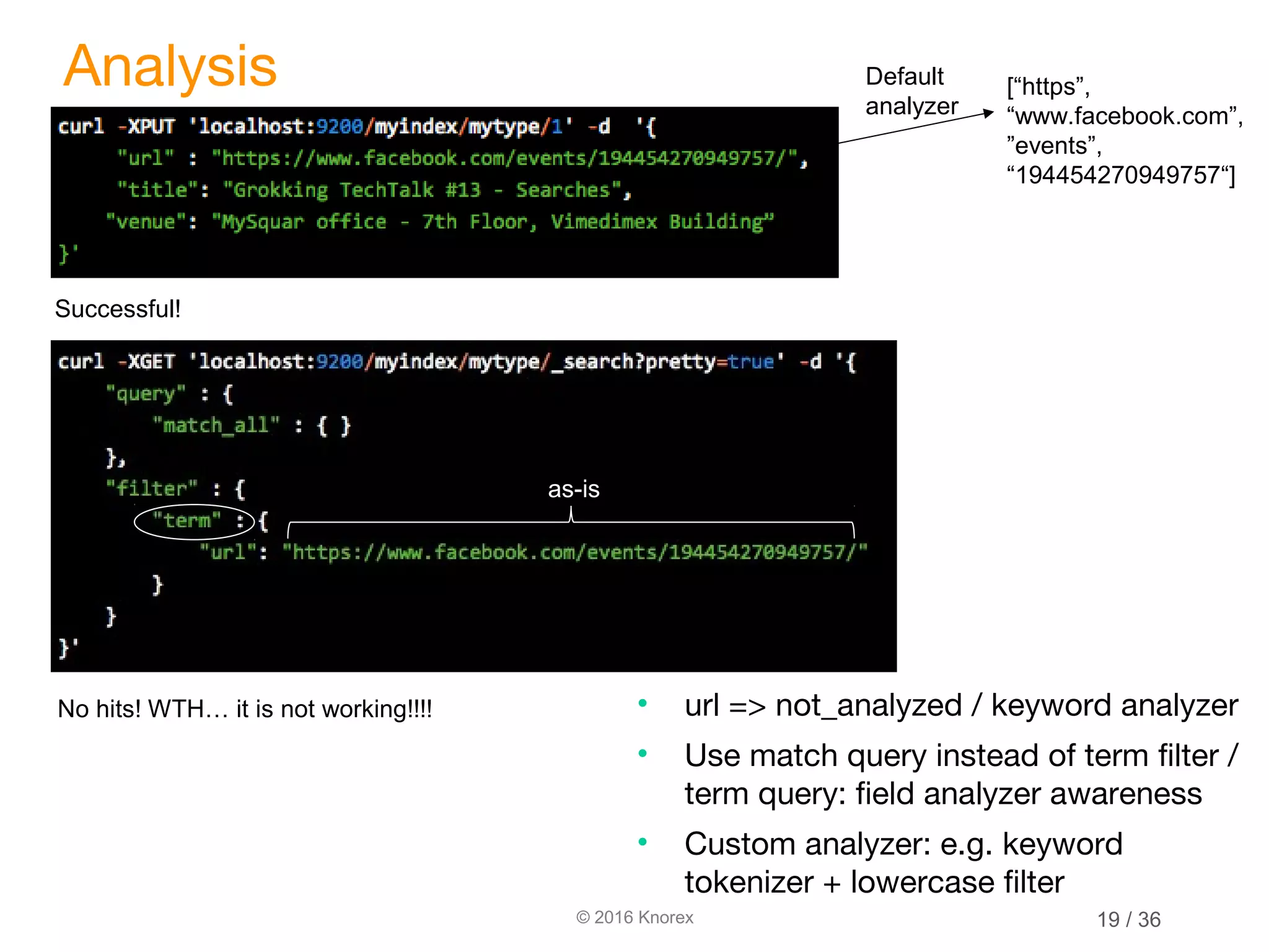 © 2016 Knorex Analysis Successful! [“https”, “www.facebook.com”, ”events”, “194454270949757“] No hits! WTH… it is not working!!!! Default analyzer as-is • url => not_analyzed / keyword analyzer • Use match query instead of term filter / term query: field analyzer awareness • Custom analyzer: e.g. keyword tokenizer + lowercase filter 19 / 36 