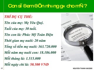 Con sÏ ®em ®Õn nh÷ng g× cho mÑ ? THÍ DỤ CỤ THỂ: Tên của mẹ: Mẹ Yêu Quý. Tuổi của mẹ: 30 tuổi. Tên con là: Phúc Mỹ Toàn Diện Thời gian mẹ nuôi: 20 năm Tổng số tiền mẹ nuôi: 363.720.000 Mỗi năm mẹ nuôi con: 18.186.000 Mỗi tháng là: 1.515.000 Mỗi ngày chỉ là:  50.500 VND 