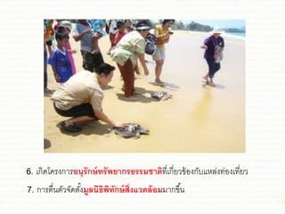 6. เกิดโครงการอนุรักษ์ทรัพยากรธรรมชาติที่เกี่ยวข้องกับชหล่งท่องเที่ยว
7. การตื่นตัวจัดตั้งมูลนิธิพิทักษ์สิ่งแวดล้อมมากขึ้น
 