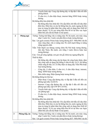 _____________________________________________________________________________________
Phụ lục Hợp đồng mua bán căn hộ Trang 3
- Truyền hình cáp: Cung cấp đường dây và lắp đặt ổ đấu nối đến
phòng khách.
- Ổ cắm tivi, ổ cắm điện thoại, internet hãng SINO hoặc tương
đương.
Hệ thống điều hòa nhiệt độ:
- Hệ thống điều hòa nhiệt độ: Chỉ cấp điểm chờ đấu nối dây điện
điều hòa. Điều hòa và các hệ thống bảo ôn, nước ngưng do bên
mua tự trang bị (phải đảm bảo công suất sử dụng theo thiết kế
được duyệt). Vị trí cục nóng điều hòa bố trí tại khu vực logia
(đảm bảo yêu cầu kỹ thuật và mỹ quan).
2 Phòng ngủ Tường: Tường trát bằng vữa xi măng mác 50, bả matit, sơn màu vàng
nhạt 1 nước lót, 2 nước sơn phủ (Kova hoặc tương đương).
Sàn: Lát gạch ceramic Prime hoặc tương đương (KT: 500x500) vân đá
màu vàng nhạt, vữa xi măng mác 50, miết mạch bằng xi măng
trắng nguyên chất.
Trần: Trần thạch cao khung xương chìm Hà Nội hoặc tương đương,
tấm dày 9mm, Bả matit, sơn trắng 2 nước (Kova hoặc loại
tương đương).
Cửa: Cửa gỗ công nghiệp, sơn giả vân gỗ, khóa tay ngang đồng bộ.
Thiết bị điện:
- Hệ thống dây dẫn trong căn hộ được thi công hoàn thiện, đảm
bảo công suất sử dụng (hệ thống ổ cắm đi dây 2x2.5, hệ thống
chiếu sáng đi dây 2x1.5) Dây điện sử dụng dây Trần Phú hoặc
loại tương đương.
- Công tắc, ổ cắm điện, ổ cắm tivi, ổ cắm điện thoại, internet,
hãng SINO hoặc tương đương.
- Đèn chiếu sáng: Điện Quang hoặc tương đương.
Hệ thống thông tin liên lạc:
- Điện thoại: Cung cấp đường dây và lắp đặt ổ đấu nối đến các
phòng ngủ (dây 2x2x0.5).
- Internet: Cung cấp đường dây và lắp đặt ổ đấu nối đến các
phòng ngủ (dây cáp UTP 4P CAT5E).
- Truyền hình cáp: Cung cấp đường dây và lắp đặt ổ đấu nối đến
các phòng ngủ.
- Ổ cắm tivi, ổ cắm điện thoại, internet hãng SINO hoặc tương
đương.
Hệ thống điều hòa nhiệt độ:
- Hệ thống điều hòa nhiệt độ: Chỉ cấp điểm chờ đấu nối dây điện
điều hòa. Điều hòa và các hệ thống bảo ôn, nước ngưng do bên
mua tự trang bị (phải đảm bảo công suất sử dụng theo thiết kế
được duyệt). Vị trí cục nóng điều hòa bố trí tại khu vực logia
(đảm bảo yêu cầu kỹ thuật và mỹ quan).
3 Phòng bếp, ăn Tường: Tường trát bằng vữa xi măng mác 50, bả matit, sơn màu vàng
nhạt 1 nước lót, 2 nước sơn phủ (Kova hoặc tương đương).
Sàn: Lát gạch ceramic Prime hoặc tương đương (KT: 500x500) vân đá
 