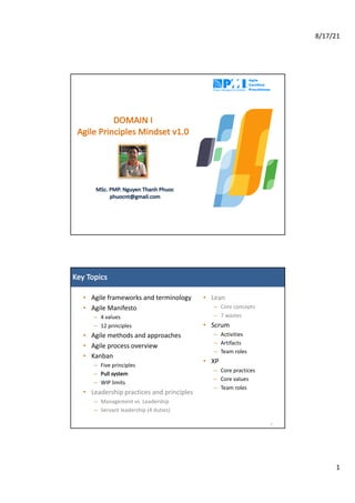 8/17/21
1
MSc.	PMP.	Nguyen	Thanh	Phuoc
phuocnt@gmail.com
DOMAIN	I
Agile	Principles	Mindset	v1.0
Key	Topics
• Agile	frameworks	and	terminology
• Agile	Manifesto
– 4	values
– 12	principles
• Agile	methods	and	approaches
• Agile	process	overview
• Kanban
– Five	principles
– Pull	system
– WIP	limits
• Leadership	practices	and	principles
– Management	vs.	Leadership
– Servant	leadership	(4	duties)
2
• Lean
– Core	concepts
– 7	wastes
• Scrum
– Activities
– Artifacts
– Team	roles
• XP
– Core	practices
– Core	values
– Team	roles
 
