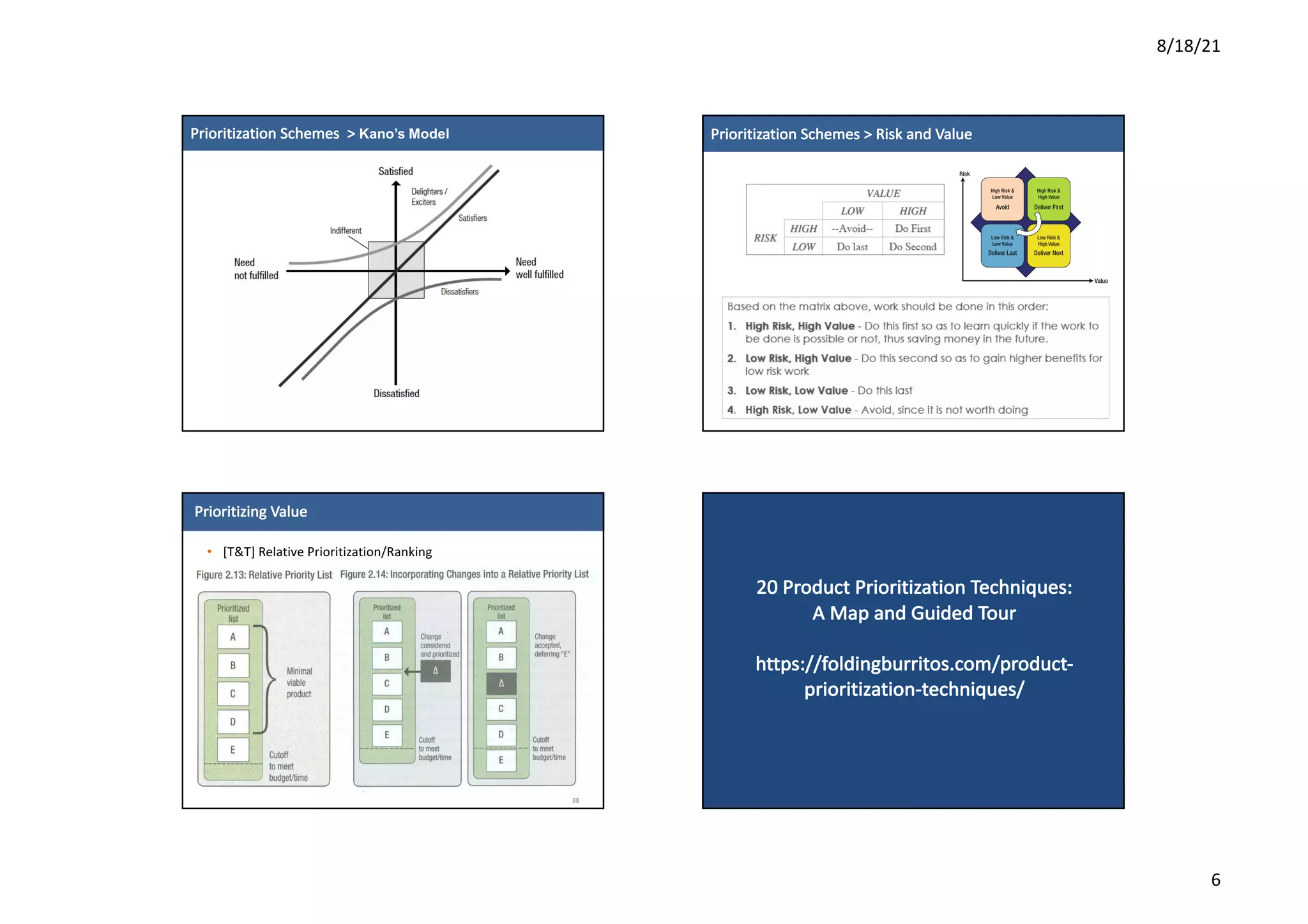 8/18/21
6
30
3
0
Prioritization	Schemes		>	Kano’s Model
12
1
2
Prioritization	Schemes	>	Risk	and	Value
Prioritizing	Value
• [T&T]	Relative	Prioritization/Ranking
38
20	Product	Prioritization	Techniques:	
A	Map	and	Guided	Tour
https://foldingburritos.com/product-
prioritization-techniques/
 