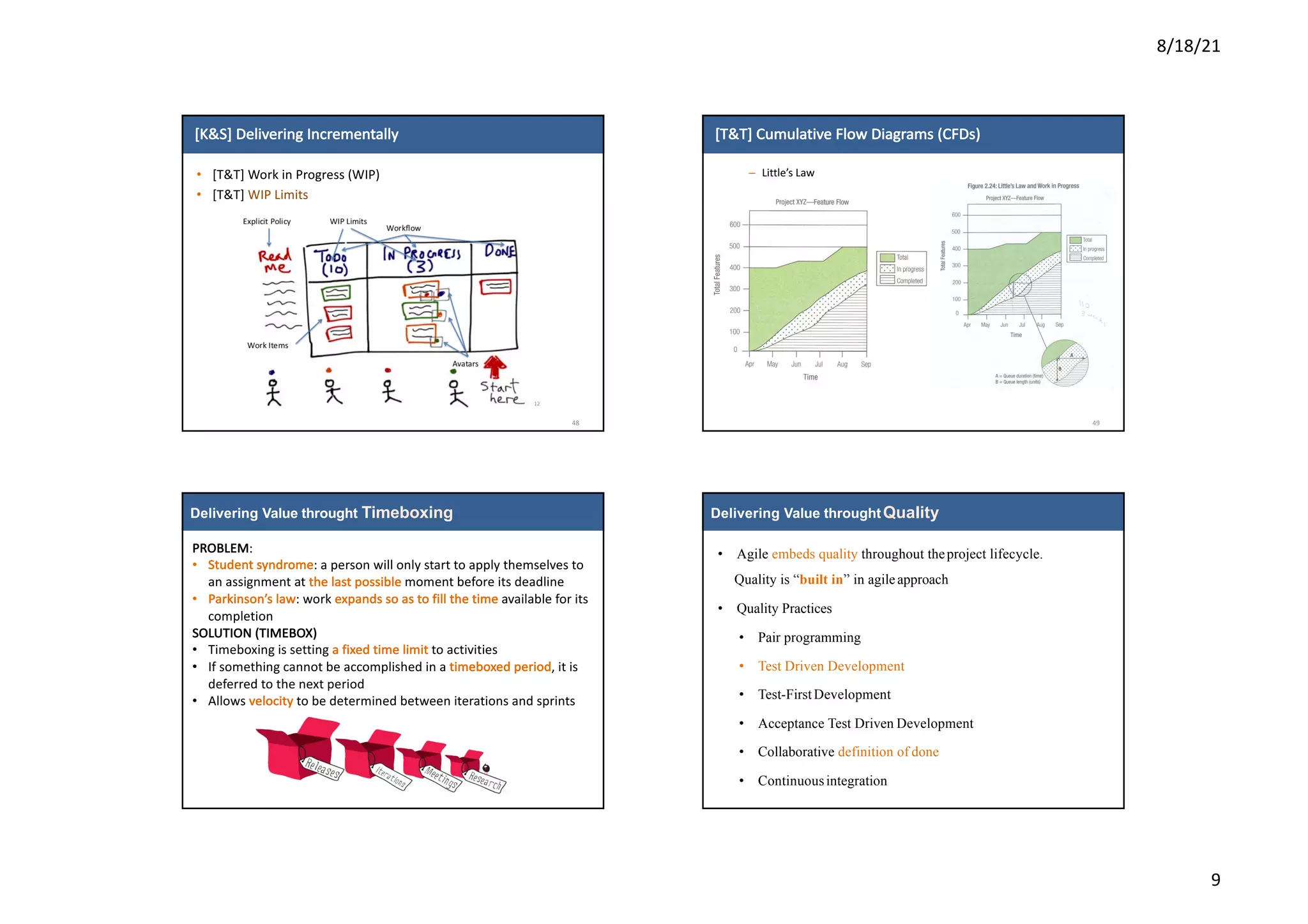 8/18/21
9
[K&S]	Delivering	Incrementally
• [T&T]	Work	in	Progress	(WIP)
• [T&T]	WIP	Limits
48
[T&T]	Cumulative	Flow	Diagrams	(CFDs)
– Little’s	Law
49
Delivering Value throught Timeboxing
PROBLEM:
• Student	syndrome:	a	person	will	only	start	to	apply themselves	to	
an	assignment	at	the	last	possible moment	before	its	deadline
• Parkinson’s	law:	work	expands	so	as	to	fill	the	time	available	for	its	
completion
SOLUTION	(TIMEBOX)
• Timeboxing	is	setting	a	fixed	time	limit	to	activities
• If	something	cannot	be	accomplished	in	a	timeboxed	period,	it	is	
deferred	to	the	next	period
• Allows	velocity to	be	determined	between	iterations	and	sprints
39
3
9
Delivering Value throughtQuality
• Agile embeds quality throughout theproject lifecycle.
Quality is “built in” in agileapproach
• Quality Practices
• Pair programming
• Test Driven Development
• Test-FirstDevelopment
• Acceptance Test Driven Development
• Collaborative definition of done
• Continuousintegration
 