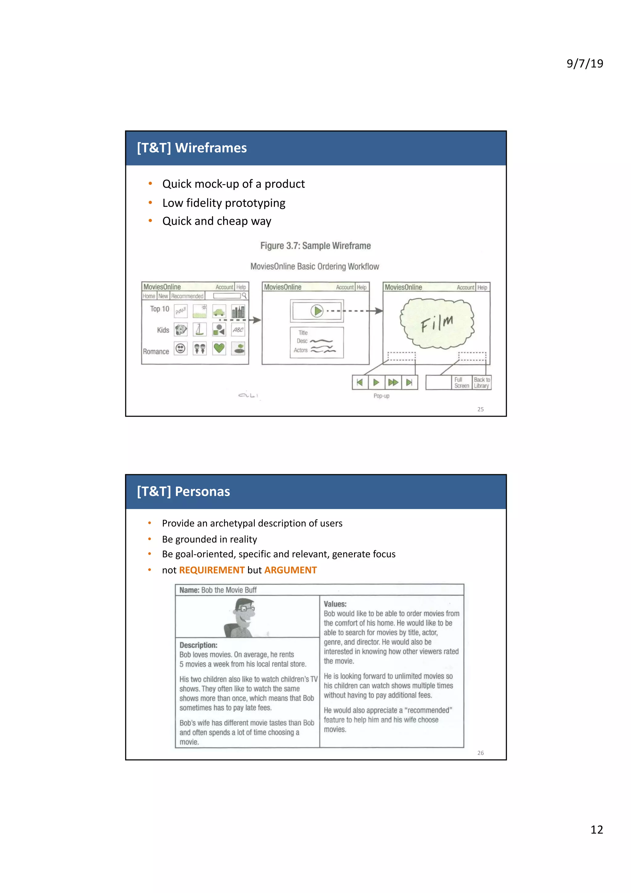 9/7/19
12
[T&T] Wireframes
• Quick mock-up of a product
• Low fidelity prototyping
• Quick and cheap way
25
[T&T] Personas
• Provide an archetypal description of users
• Be grounded in reality
• Be goal-oriented, specific and relevant, generate focus
• not REQUIREMENT but ARGUMENT
26
 