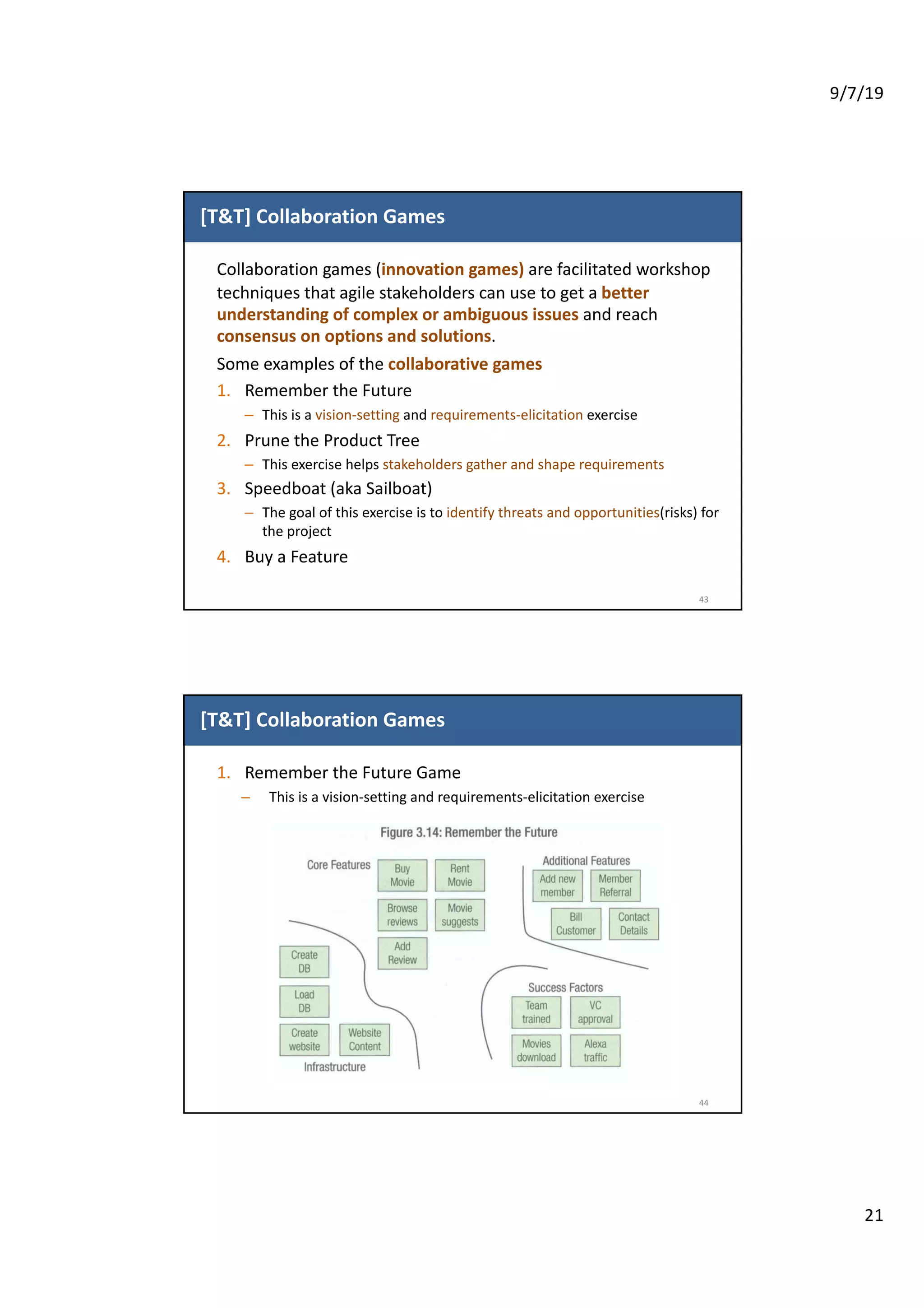 9/7/19
21
[T&T] Collaboration Games
Collaboration games (innovation games) are facilitated workshop
techniques that agile stakeholders can use to get a better
understanding of complex or ambiguous issues and reach
consensus on options and solutions.
Some examples of the collaborative games
1. Remember the Future
– This is a vision-setting and requirements-elicitation exercise
2. Prune the Product Tree
– This exercise helps stakeholders gather and shape requirements
3. Speedboat (aka Sailboat)
– The goal of this exercise is to identify threats and opportunities(risks) for
the project
4. Buy a Feature
43
[T&T] Collaboration Games
1. Remember the Future Game
– This is a vision-setting and requirements-elicitation exercise
44
 