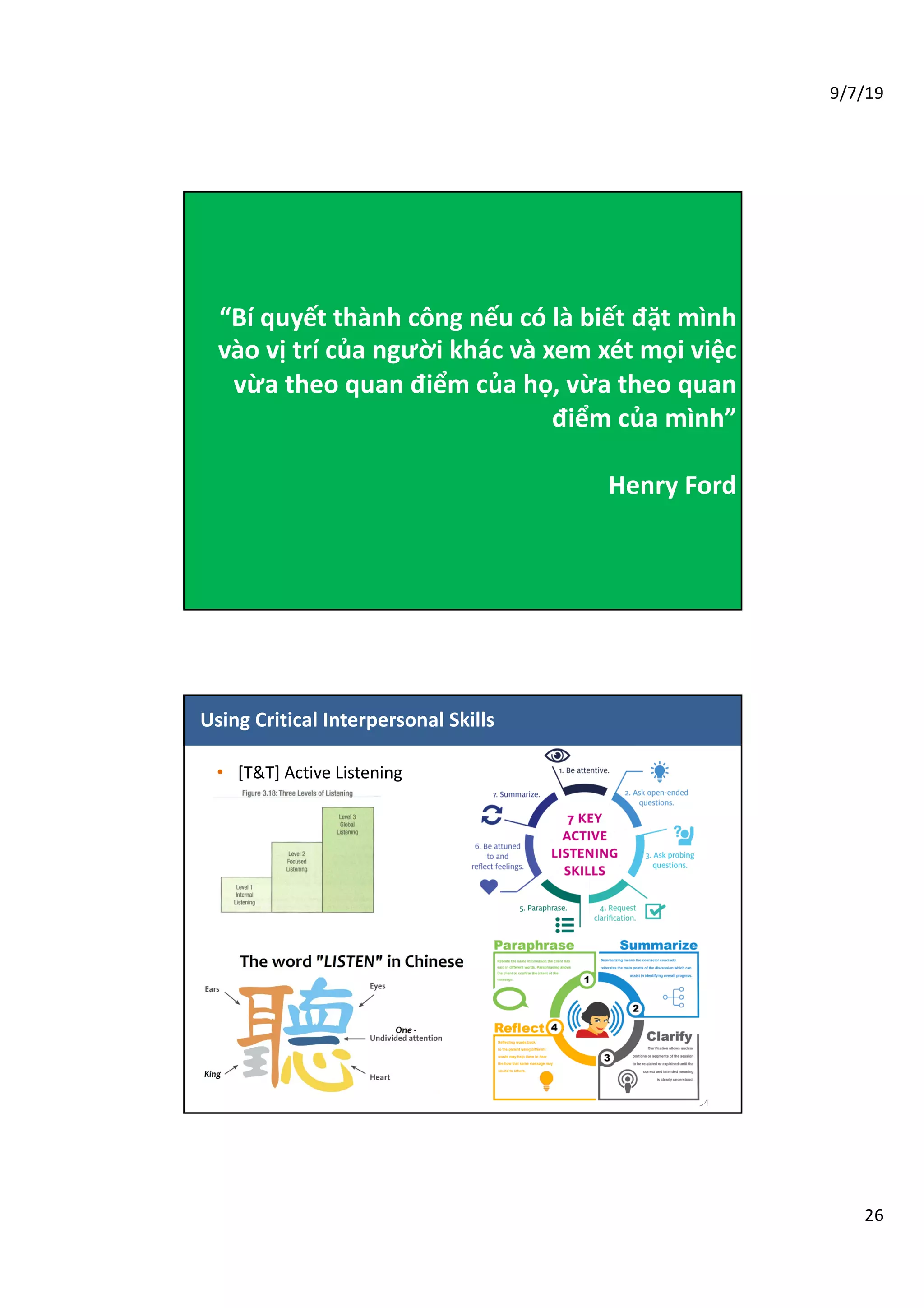 9/7/19
26
“Bí quyết thành công nếu có là biết đặt mình
vào vị trí của người khác và xem xét mọi việc
vừa theo quan điểm của họ, vừa theo quan
điểm của mình”
Henry Ford
Using Critical Interpersonal Skills
• [T&T] Active Listening
54
 