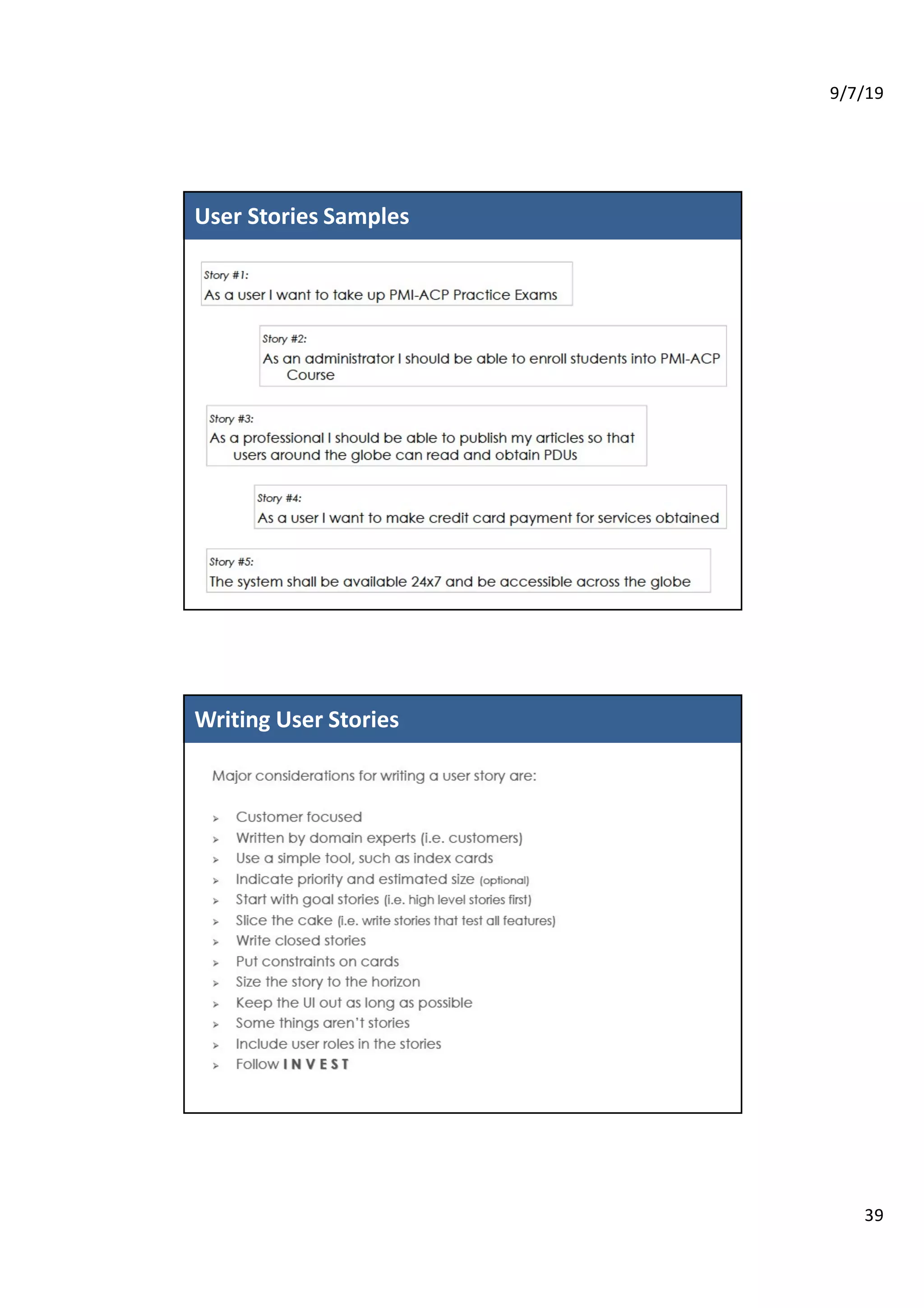9/7/19
39
161
6
User Stories Samples
171
7
Writing User Stories
 