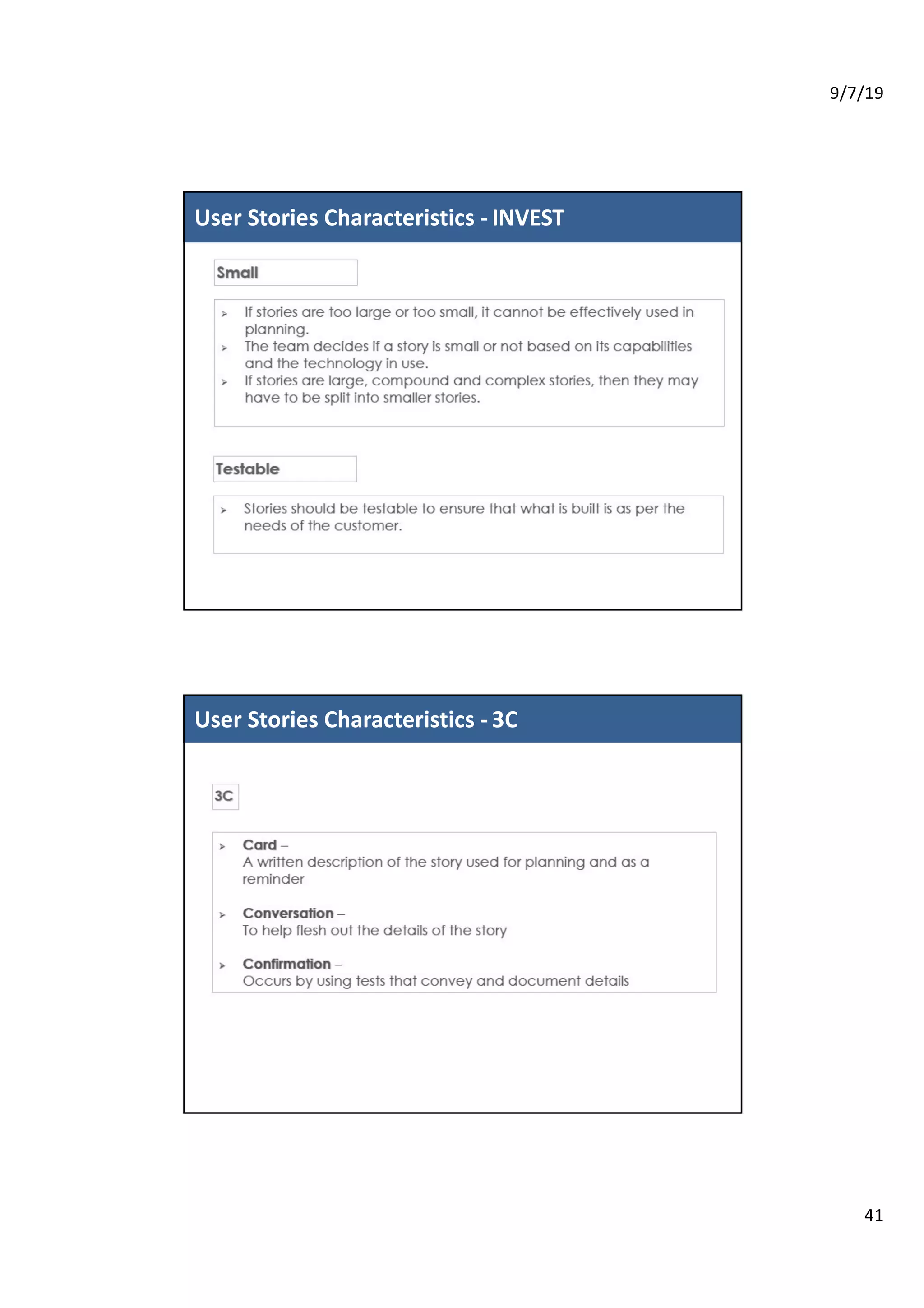 9/7/19
41
202
0
User Stories Characteristics - INVEST
212
1
User Stories Characteristics - 3C
 
