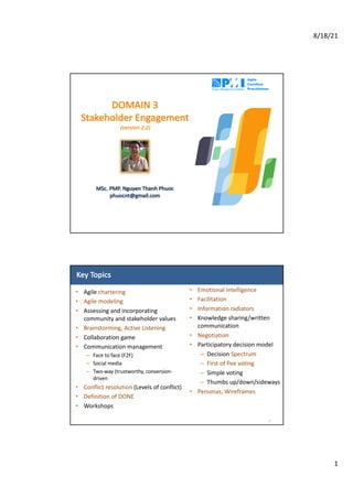 8/18/21
1
DOMAIN	3
Stakeholder	Engagement
(version	2.2)
MSc.	PMP.	Nguyen	Thanh	Phuoc
phuocnt@gmail.com
Key	Topics
• Agile	chartering
• Agile	modeling
• Assessing	and	incorporating	
community	and	stakeholder	values
• Brainstorming,	Active	Listening
• Collaboration	game
• Communication	management
– Face	to	face	(F2F)
– Social	media
– Two-way	(trustworthy,	conversion-
driven
• Conflict	resolution	(Levels	of	conflict)
• Definition	of	DONE
• Workshops
2
• Emotional	Intelligence
• Facilitation
• Information	radiators
• Knowledge	sharing/written	
communication
• Negotiation
• Participatory	decision	model
– Decision	Spectrum
– First	of	five	voting
– Simple	voting
– Thumbs	up/down/sideways
• Personas,	Wireframes
 