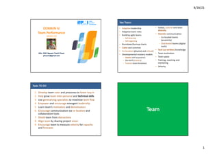 8/18/21
1
DOMAIN	IV
Team	Performance
(version	2.2)
MSc.	PMP.	Nguyen	Thanh	Phuoc
phuocnt@gmail.com
Key	Topics
• Adaptive leadership
• Adaptive	team	roles
• Building	agile	teams
– Self-directing
– Self-organizing
• Burndown/burnup	charts
• Caves and	common
• Co-location (physical	and	virtual)
• Developmental	mastery	models
– Dreyfus (skill	acquisition)
– Shu-Ha-Ri	(mastery)
– Tuckman (team	formation)
2
• Global,	cultural and	team	
diversity
• Osmotic communication
– Co-located	teams	
(proximity)
– Distributed teams	(digital	
tools)
• Tacit	(un-written) knowledge
• Team	motivation
• Team	space
• Training,	coaching	and	
mentoring
• Velocity	
Tasks	TO	DO
1. Develop team	rules and	processes	to	foster	buy-in
2. Help grow	team inter-personal and	technical	skills
3. Use	generalizing specialists to	maximize	work	flow
4. Empower and	encourage emergent	leadership
5. Learn	team’s	motivators and	demotivators
6. Encourage communication	via	co-location and	
collaboration	tools
7. Shield team	from	distractions
8. Align	team	by	sharing	project	vision
9. Encourage team	to	measure	velocity for	capacity
and	forecasts
3
Team
 