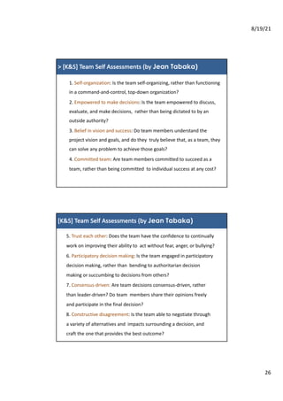 8/19/21
26
1.	Self-organization:	Is	the	team	self-organizing,	rather	than	functioning	
in	a	command-and-control,	top-down	organization?
2.	Empowered	to	make	decisions:	Is	the	team	empowered	to	discuss,	
evaluate,	and	make	decisions,		rather	than	being	dictated	to	by	an	
outside	authority?
3.	Belief	in	vision	and	success:	Do	team	members	understand	the	
project	vision	and	goals,	and	do	they		truly	believe	that,	as	a	team,	they	
can	solve	any	problem	to	achieve	those	goals?
4.	Committed	team:	Are	team	members	committed	to	succeed	as	a	
team,	rather	than	being	committed		to	individual	success	at	any	cost?
>	[K&S]	Team	Self	Assessments	(by	Jean Tabaka)
5.	Trust	each	other:	Does	the	team	have	the	confidence	to	continually	
work	on	improving	their	ability	to		act	without	fear,	anger,	or	bullying?
6.	Participatory	decision	making:	Is	the	team	engaged	in	participatory	
decision	making,	rather	than		bending	to	authoritarian	decision	
making	or	succumbing	to	decisions	from	others?
7.	Consensus-driven: Are	team	decisions	consensus-driven,	rather	
than	leader-driven?	Do	team		members	share	their	opinions	freely	
and	participate	in	the	final	decision?
8.	Constructive	disagreement:	Is	the	team	able	to	negotiate through	
a	variety	of	alternatives	and		impacts	surrounding	a decision,	and	
craft	the	one	that	provides	the	best	outcome?
[K&S]	Team	Self	Assessments	(by	Jean Tabaka)
 
