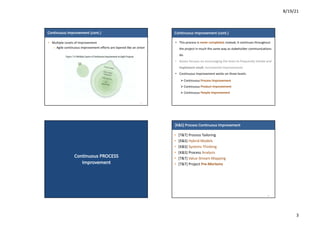 8/19/21
3
Continuous	Improvement	(cont.)
• Multiple	Levels	of	Improvement
– Agile	continuous	improvement	efforts	are	layered	like	an	onion
9
Continuous	Improvement (cont.)
• This	process	is	never	completed;	instead,	it	continues	throughout	
the	project	in	much	the	same	way	as	stakeholder	communications	
do.
• Kaizen	focuses	on	encouraging	the	team	to	frequently	initiate	and	
implement	small,	incremental	improvements
• Continuous	Improvement	works	on	three levels:
Ø Continuous	Process Improvement
Ø Continuous	Product	Improvement
Ø Continuous	People	Improvement
Continuous	PROCESS	
Improvement
[K&S]	Process	Continuous	Improvement
• [T&T]	Process	Tailoring
• [K&S]	Hybrid	Models
• [K&S]	Systems	Thinking
• [K&S]	Process	Analysis
• [T&T]	Value	Stream	Mapping
• [T&T]	Project	Pre-Mortems
12
 