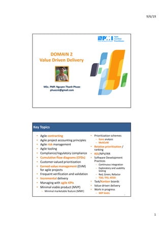 9/6/19
1
DOMAIN 2
Value Driven Delivery
MSc. PMP. Nguyen Thanh Phuoc
phuocnt@gmail.com
Key Topics
• Agile contracting
• Agile project accounting principles
• Agile risk management
• Agile tooling
• Compliance/regulatory compliance
• Cumulative flow diagrams (CFDs)
• Customer-valued prioritization
• Earned value management (EVM)
for agile projects
• Frequent verification and validation
• Incremental delivery
• Managing with agile KPIs
• Minimal viable product (MVP)
– Minimal marketable feature (MMF)
2
• Prioritization schemes
– Kano analysis
– MoSCoW
• Relative prioritization /
ranking
• ROI/NPV/IRR
• Software Development
Practices
– Continuous integration
– Exploratory and usability
testing
– Red, Green, Refactor
– TDD, TFD, ATDD
• Task/Kanban boards
• Value-driven delivery
• Work in progress
– WIP limits
 