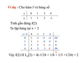 Ví dụ : Cho hàm f và bảng số
x 0 1 3 4
y 1 1 2 -1
Tính gần đúng f(2)
Ta lập bảng tại x = 2
x = 2 0 1 3 4
0
1
3
4
2 -1 -3 -...