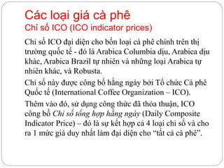 Chỉ số ICO đại diện cho bốn loại cà phê chính trên thị
trường quốc tế - đó là Arabica Columbia dịu, Arabica dịu
khác, Arabica Brazil tự nhiên và những loại Arabica tự
nhiên khác, và Robusta.
Chỉ số này được công bố hằng ngày bởi Tổ chức Cà phê
Quốc tế (International Coffee Organization – ICO).
Thêm vào đó, sử dụng công thức đã thỏa thuận, ICO
công bố Chỉ số tổng hợp hằng ngày (Daily Composite
Indicator Price) – đó là sự kết hợp cả 4 loại chỉ số và cho
ra 1 mức giá duy nhất làm đại diện cho “tất cả cà phê”.
Các loại giá cà phê
Chỉ số ICO (ICO indicator prices)
 
