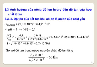 32
3.3 Ảnh hưởng của nồng độ ion hydro đến độ tan của hợp
chất ít tan
3.3. 2. Độ tan của kết tủa khi anion là anion của acid yếu
S CaC2O4 = (1,8 x 10-9)1/2 = 4,25.10-5
 pH = 1  [H+] = 0,1
M/l102,7104,1101,8S
104,11102,5101,61
106,5106
(0,1)
106
0,1
1
K
][H
339
333
25
2
5
HB









laàn63
104,25
102,7
5
3





So với độ tan trong nước nguyên chất, độ tan tăng
 