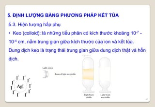 47
5. ĐỊNH LƯỢNG BẰNG PHƯƠNG PHÁP KẾT TỦA
5.3. Hiện tượng hấp phụ
• Keo (colloid): là những tiểu phân có kích thước khoảng 10-7 -
10-4 cm, nằm trung gian giữa kích thước của ion và kết tủa.
Dung dịch keo là trạng thái trung gian giữa dung dịch thật và hỗn
dịch.
AgI I
-
I
-
I
-
I
-
I
-
I
-
I
-
I
-
I
-I
-
 
