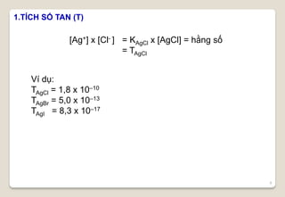 8
1.TÍCH SỐ TAN (T)
[Ag+] x [Cl- ] = KAgCl x [AgCl] = hằng số
= TAgCl
Ví dụ:
TAgCl = 1,8 x 10–10
TAgBr = 5,0 x 10–13
TAgI = 8,3 x 10–17
 
