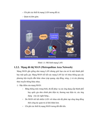 - Chi phí các thiết bị mạng LAN tương đối rẻ.
- Quản trị đơn giản.
Hình 1.1: Mô hình mạng LAN
1.2.2. Mạng đô thị MAN (Metropolitan Area Network)
Mạng MAN gần giống như mạng LAN nhưng giới hạn của nó là một thành phố
hay một quốc gia. Mạng MAN nối kết các mạng LAN lại với nhau thông qua các
phương tiện truyền dẫn khác nhau (cáp quang, cáp đồng, sóng...) và các phương
thức truyền thông khác nhau.
o Đặc điểm của mạng MAN:
- Băng thông mức trung bình, đủ để phục vụ các ứng dụng cấp thành phố
hay quốc gia như chính phủ điện tử, thương mại điện tử, các ứng
dụng của các ngân hàng...
- Do MAN nối kết nhiều LAN với nhau nên độ phức tạp cũng tăng đồng
thời công tác quản trị sẽ khó khăn hơn.
- Chi phí các thiết bị mạng MAN tương đối đắt tiền.
 