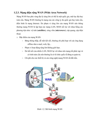 1.2.3. Mạng diện rộng WAN (Wide Area Network)
Mạng WAN bao phủ vùng địa lý rộng lớn có thể là một quốc gia, một lục địa hay
toàn cầu. Mạng WAN thường là mạng của các công ty đa quốc gia hay toàn cầu,
điển hình là mạng Internet. Do phạm vi rộng lớn của mạng WAN nên thông
thường mạng WAN là tập hợp các mạng LAN, MAN nối lại với nhau bằng các
phương tiện như: vệ tinh (satellites), sóng viba (microwave), cáp quang, cáp điện
thoại.
o Đặc điểm của mạng WAN:
- Băng thông thấp, dễ mất kết nối, thường chỉ phù hợp với các ứng dụng
offline như e-mail, web, ftp...
- Phạm vi hoạt động rộng lớn không giới hạn.
- Do kết nối của nhiều LAN, MAN lại với nhau nên mạng rất phức tạp và
có tính toàn cầu nên thường là có tổ chức quốc tế đứng ra quản trị.
- Chi phí cho các thiết bị và các công nghệ mạng WAN rất đắt tiền.
Hình 1.2: Mô hình mạng WAN
 