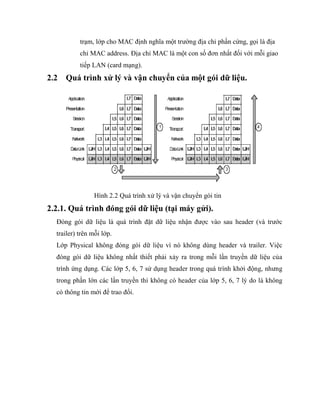trạm, lớp cho MAC định nghĩa một trường địa chỉ phần cứng, gọi là địa
chỉ MAC address. Địa chỉ MAC là một con số đơn nhất đối với mỗi giao
tiếp LAN (card mạng).
2.2 Quá trình xử lý và vận chuyển của một gói dữ liệu.
Hình 2.2 Quá trình xử lý và vận chuyển gói tin
2.2.1. Quá trình đóng gói dữ liệu (tại máy gửi).
Đóng gói dữ liệu là quá trình đặt dữ liệu nhận được vào sau header (và trước
trailer) trên mỗi lớp.
Lớp Physical không đóng gói dữ liệu vì nó không dùng header và trailer. Việc
đóng gói dữ liệu không nhất thiết phải xảy ra trong mỗi lần truyền dữ liệu của
trình ứng dụng. Các lớp 5, 6, 7 sử dụng header trong quá trình khởi động, nhưng
trong phần lớn các lần truyền thì không có header của lớp 5, 6, 7 lý do là không
có thông tin mới để trao đổi.
 