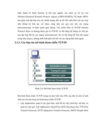 hình thành kĩ thuật Internet là kết quả nghiên cứu dưới sự tài trợ của
Defense/Advanced Research Projects Agency (ARPA/DARPA). Kĩ thuật ARPA
bao gồm một tập hợp của các chuẩn mạng, đặc tả chi tiết cách thức mà các máy
tính thông tin liên lạc với nhau, cũng như các quy ước cho các mạng
interconnecting và định tuyến giao thông. Tên chính thức là TCP/IP Internet
Protocol Suite và thường được gọi là TCP/IP, có thể dùng để thông tin liên lạc
qua tập hợp bất kỳ các mạng interconnected. Nó có thể dùng để liên kết mạng
trong một công ty, không nhất thiết phải nối kết với các mạng khác bên ngoài.
2.3.3. Các lớp của mô hình tham chiếu TCP/IP.
Hình 2.4: Mô hình tham chiếu TCP/IP
Mô hình tham chiếu TCP/IP tương tự như kiến trúc OSI, sau đây là một số tính
chất của các lớp trong mô hình tham chiếu TCP/IP:
o Lớp Application: quản lý các giao thức, như hỗ trợ việc trình bày, mã hóa, và
quản lý cuộc gọi. Lớp Application cũng hỗ trợ nhiều ứng dụng, như: FTP (File
Transfer Protocol), HTTP (Hypertext Transfer Protocol), SMTP (Simple Mail
 