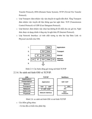 Transfer Protocol), DNS (Domain Name System), TFTP (Trivial File Transfer
Protocol).
o Lớp Transport: đảm nhiệm việc vận chuyển từ nguồn đến đích. Tầng Transport
đảm nhiệm việc truyền dữ liệu thông qua hai nghi thức: TCP (Transmission
Control Protocol) và UDP (User Datagram Protocol).
o Lớp Internet: đảm nhiệm việc chọn lựa đường đi tốt nhất cho các gói tin. Nghi
thức được sử dụng chính ở tầng này là nghi thức IP (Internet Protocol).
o Lớp Network Interface: có tính chất tương tự như hai lớp Data Link và
Physical của kiến trúc OSI.
Hình 2.5: Các bước đóng gói trong mô hình TCP/IP
2.3.4. So sánh mô hình OSI và TCP/IP.
Hình 2.6: so sánh mô hình OSI và mô hình TCP/IP
o Các điểm giống nhau:
- Cả hai đều có kiến trúc phân lớp.
 