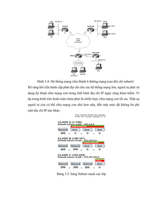 Hình 3.4: Hệ thống mạng chia thành 6 đường mạng (sau khi chi subnet)
Rõ ràng khi tiến hành cấp phát địa chỉ cho các hệ thống mạng lớn, người ta phải sử
dụng kỹ thuật chia mạng con trong tình hình địa chỉ IP ngày càng khan hiếm. Ví
dụ trong hình trên hoàn toàn chưa phải là chiến lược chia mạng con tối ưu. Thật sự
người ta còn có thể chia mạng con nhỏ hơn nữa, đến một mức độ không bỏ phí
một địa chỉ IP nào khác.
Bảng 3.5: bảng Subnet mask các lớp
 