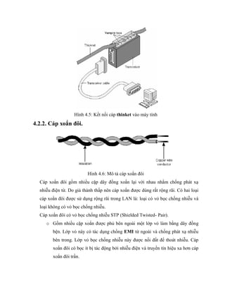 Hình 4.5: Kết nối cáp thinket vào máy tính
4.2.2. Cáp xoắn đôi.
Hình 4.6: Mô tả cáp xoắn đôi
Cáp xoắn đôi gồm nhiều cặp dây đồng xoắn lại với nhau nhằm chống phát xạ
nhiễu điện từ. Do giá thành thấp nên cáp xoắn được dùng rất rộng rãi. Có hai loại
cáp xoắn đôi được sử dụng rộng rãi trong LAN là: loại có vỏ bọc chống nhiễu và
loại không có vỏ bọc chống nhiễu.
Cáp xoắn đôi có vỏ bọc chống nhiễu STP (Shielded Twisted- Pair).
o Gồm nhiều cặp xoắn được phủ bên ngoài một lớp vỏ làm bằng dây đồng
bện. Lớp vỏ này có tác dụng chống EMI từ ngoài và chống phát xạ nhiễu
bên trong. Lớp vỏ bọc chống nhiễu này được nối đất để thoát nhiễu. Cáp
xoắn đôi có bọc ít bị tác động bởi nhiễu điện và truyền tín hiệu xa hơn cáp
xoắn đôi trần.
 