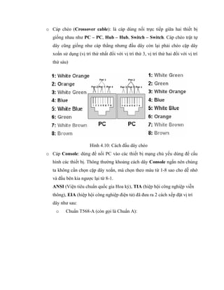o Cáp chéo (Crossover cable): là cáp dùng nối trực tiếp giữa hai thiết bị
giống nhau như PC – PC, Hub – Hub, Switch – Switch. Cáp chéo trật tự
dây cũng giống như cáp thẳng nhưng đầu dây còn lại phải chéo cặp dây
xoắn sử dụng (vị trí thứ nhất đổi với vị trí thứ 3, vị trí thứ hai đổi với vị trí
thứ sáu)
Hình 4.10: Cách đấu dây chéo
o Cáp Console: dùng để nối PC vào các thiết bị mạng chủ yếu dùng để cấu
hình các thiết bị. Thông thường khoảng cách dây Console ngắn nên chúng
ta không cần chọn cặp dây xoắn, mà chọn theo màu từ 1-8 sao cho dễ nhớ
và đầu bên kia ngược lại từ 8-1.
ANSI (Viện tiêu chuẩn quốc gia Hoa kỳ), TIA (hiệp hội công nghiệp viễn
thông), EIA (hiệp hội công nghiệp điện tử) đã đưa ra 2 cách xếp đặt vị trí
dây như sau:
o Chuẩn T568-A (còn gọi là Chuẩn A):
 