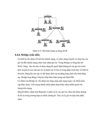 Hình 4.32: Mô hình mạng sử dụng HUB
4.4.6. Bridge (cầu nối).
Là thiết bị cho phép nối kết hai nhánh mạng, có chức năng chuyển có chọn lọc các
gói tin đến nhánh mạng chứa máy nhận gói tin. Trong Bridge có bảng địa chỉ
MAC, bảng địa chỉ này sẽ được dùng để quyết định đường đi của gói tin (cách
thức truyền đi của một gói tin sẽ được nói rõ hơn ở trong phần trình bày về thiết bị
Switch). Bảng địa chỉ này có thể được khởi tạo tự động hoặc phải cấu hình bằng
tay. Bridge hoạt động ở lớp hai (lớp Data link) trong mô hình OSI.
Ưu điểm của Bridge là: cho phép mở rộng cùng một mạng logic với nhiều kiểu
cáp khác nhau. Chia mạng thành nhiều phân đoạn khác nhau nhằm giảm lưu
lượng trên mạng.
Khuyết điểm: chậm hơn Repeater vì phải xử lý các gói tin, chưa tìm được đường
đi tối ưu trong trường hợp có nhiều đường đi. Việc xử lý gói tin dựa trên phần
mềm.
 
