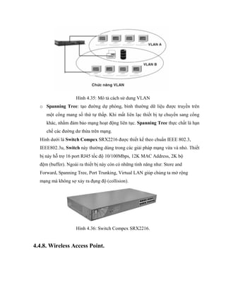Hình 4.35: Mô tả cách sử dung VLAN
o Spanning Tree: tạo đường dự phòng, bình thường dữ liệu được truyền trên
một cổng mang số thứ tự thấp. Khi mất liên lạc thiết bị tự chuyển sang cổng
khác, nhằm đảm bảo mạng hoạt động liên tục. Spanning Tree thực chất là hạn
chế các đường dư thừa trên mạng.
Hình dưới là Switch Compex SRX2216 được thiết kế theo chuẩn IEEE 802.3,
IEEE802.3u, Switch này thường dùng trong các giải pháp mạng vừa và nhỏ. Thiết
bị này hỗ trợ 16 port RJ45 tốc độ 10/100Mbps, 12K MAC Address, 2K bộ
đệm (buffer). Ngoài ra thiết bị này còn có những tính năng như: Store and
Forward, Spanning Tree, Port Trunking, Virtual LAN giúp chúng ta mở rộng
mạng mà không sợ xảy ra đụng độ (collision).
Hình 4.36: Switch Compex SRX2216.
4.4.8. Wireless Access Point.
 