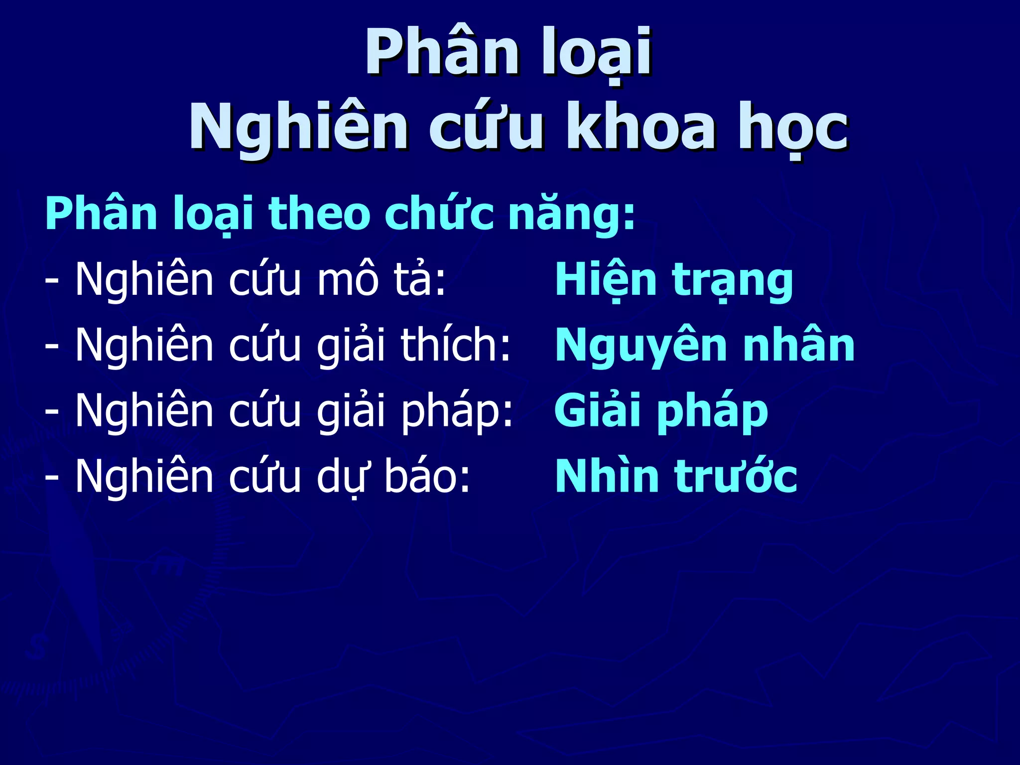 Phân loại
      Nghiên cứu khoa học
Phân loại theo chức năng:
- Nghiên cứu mô tả:      Hiện trạng
- Nghiên cứu giải thích: Nguyên nhân
- Nghiên cứu giải pháp: Giải pháp
- Nghiên cứu dự báo:     Nhìn trước
 