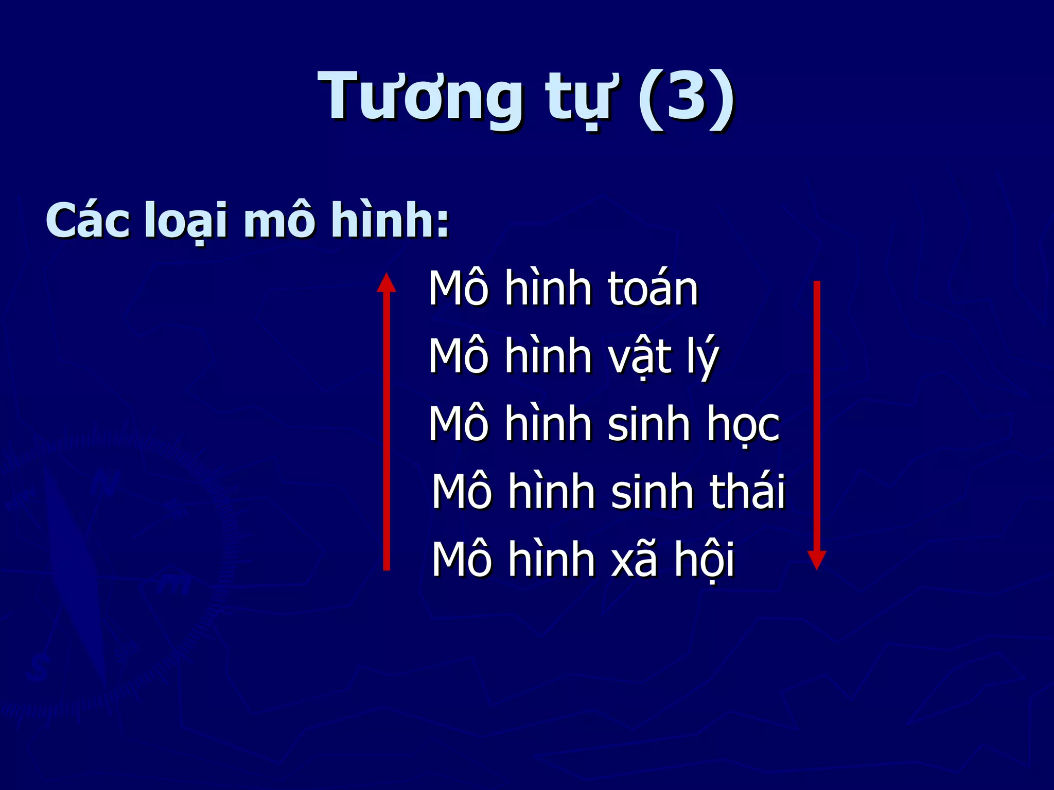 Tương tự (3)
Các loại mô hình:
                Mô hình toán
                Mô hình vật lý
                Mô hình sinh học
                Mô hình sinh thái
                Mô hình xã hội
 