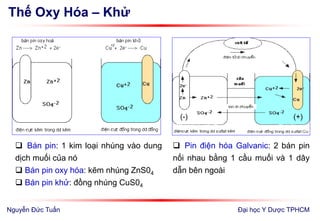 Thế Oxy Hóa – Khử
 Bán pin: 1 kim loại nhúng vào dung
dịch muối của nó
 Bán pin oxy hóa: kẽm nhúng ZnS04
 Bán pin khử: đồng nhúng CuS04
Đại học Y Dược TPHCM
 Pin điện hóa Galvanic: 2 bán pin
nối nhau bằng 1 cầu muối và 1 dây
dẫn bên ngoài
+2
(-) (+)
Nguyễn Đức Tuấn
 
