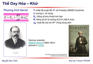Thế Oxy Hóa – Khử
Đại học Y Dược TPHCM
Phương trình Nernst

 n
Ma
nF
RT
EE ln0
T: nhiệt độ tuyệt đối; F: số Faraday (96500 Coulomb)
n: lượng e sử dụng
Eo: hằng số phụ thuộc kim loại
R: hằng số khí lý tưởng (8,314 J/độ K.mol)
aM: hoạt độ của ion Mn+ trong dung dịch
German scientist
Walther Nernst (1864-1941)
portrait in 1910s
http://www.eccentrix.com/members/chem
pics/Slike/chemists/Faraday.jpg
Nguyễn Đức Tuấn
 
