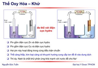 Thế Oxy Hóa – Khử
Đại học Y Dược TPHCM
 Pin gồm điện cực Zn và điện cực hydro
 Pin gồm điện cực Cu và điện cực hydro
 Hai pin này hoạt động trong cùng điều kiện chuẩn
 Thế càng thấp, kim loại càng có khuynh hướng cung cấp ion để đi vào dung dịch
 Thí dụ: Natri là chất khử phản ứng khá mạnh với nước để cho Na+
đo thế với điện
cực hydro
Nguyễn Đức Tuấn
 