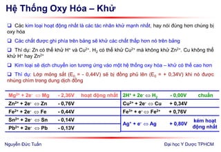 Hệ Thống Oxy Hóa – Khử
Đại học Y Dược TPHCM
 Các kim loại hoạt động nhất là các tác nhân khử mạnh nhất, hay nói đúng hơn chúng bị
oxy hóa
 Các chất được ghi phía trên bảng sẽ khử các chất thấp hơn nó trên bảng
 Thí dụ: Zn có thể khử H+ và Cu2+. H2 có thể khử Cu2+ mà không khử Zn2+. Cu không thể
khử H+ hay Zn2+
 Kim loại sẽ dịch chuyển ion tương ứng vào một hệ thống oxy hóa – khử có thế cao hơn
 Thí dụ: Lớp mỏng sắt (E0 = - 0,44V) sẽ bị đồng phủ lên (E0 = + 0,34V) khi nó được
nhúng chìm trong dung dịch đồng
Mg2+ + 2e-  Mg - 2,36V hoạt động nhất
Zn2+ + 2e-  Zn - 0,76V
Fe2+ + 2e-  Fe - 0,44V
Sn2+ + 2e-  Sn - 0,14V
Pb2+ + 2e-  Pb - 0,13V
2H+ + 2e-  H2 - 0,00V chuẩn
Cu2+ + 2e-  Cu + 0,34V
Fe3+ + e-  Fe2+ + 0,76V
Ag+ + e-  Ag + 0,80V
kém hoạt
động nhất
Nguyễn Đức Tuấn
 